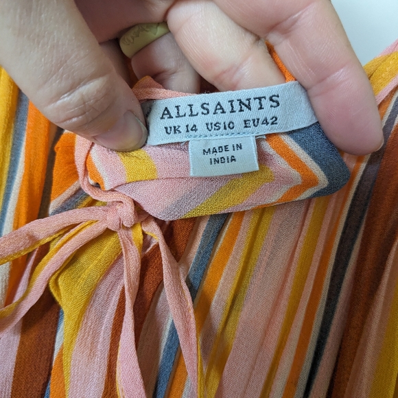 All Saints Paola Cotton Orange Yellow Pink Stripe Spaghetti Strap Midi Dress - Picture 4 of 9